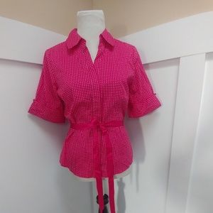 Antilia Femme Tops - Hot Pink & Polka Dot Button Up w/ Satin Ribbon Antilia Femme Tops - Hot Pink & Polka Dot Button Up w/ Satin Ribbon